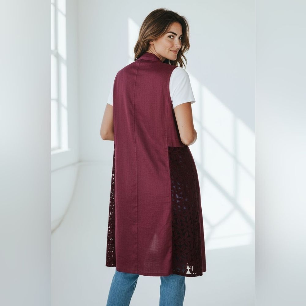 Burgandy Linen Vintage Boho Vest sz L